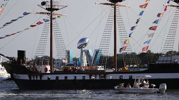Jan 31, 2021; Tampa, Florida, USA; A general view of the pirate ship for Super Bowl LV in downtown Tampa.